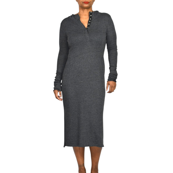 Noctex Henley Sweater Dress Grey Charcoal Wool Midi Hooded Pockets Side Slits XS - Picture 12 of 15